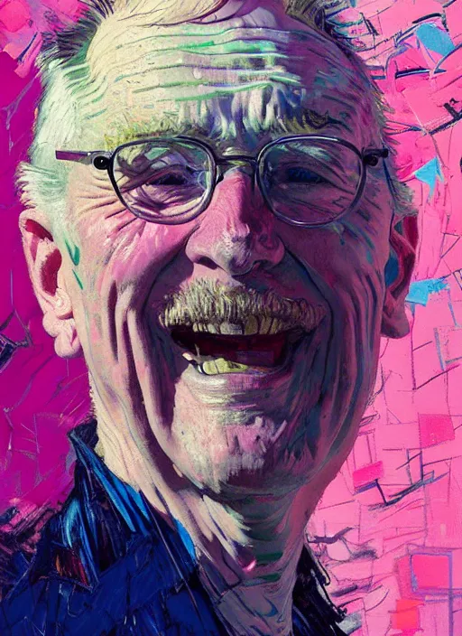 Image similar to portrait of a beautiful old man, smiling, ecstatic, dancing, eyes closed, open mouth, shades of pink and blue, beautiful face, rule of thirds, intricate outfit, spotlight, by greg rutkowski, by jeremy mann, by francoise nielly, by van gogh, digital painting