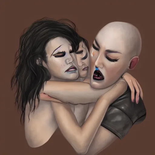 Image similar to Hot young woman, grey skin, void eyeballs, tattoos, wearing a leather jacket, hugging a shrouded person as they cry on her chest, comforting, touching, wholesome, art, watercolour, big sister, little brother, 4k concept art, digital art