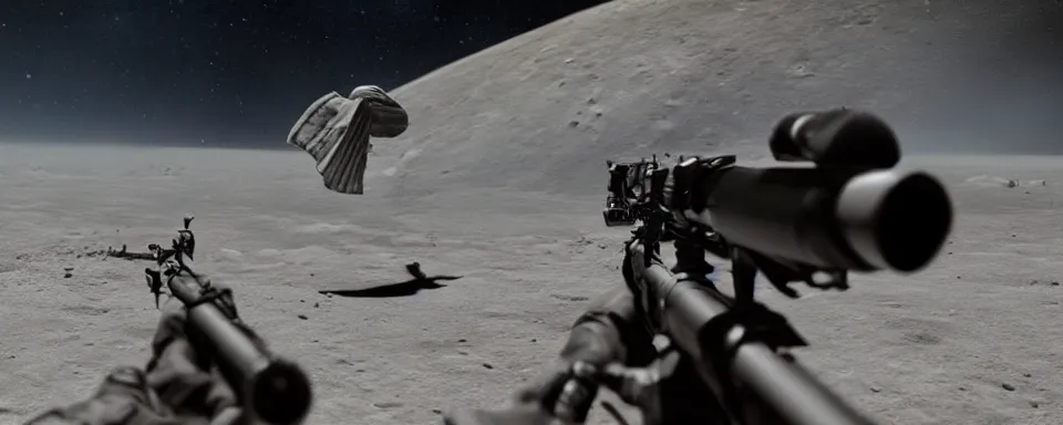 Image similar to gunfight on the moon, photorealistic, cinematic, high - res