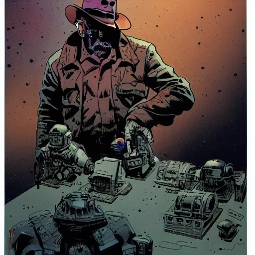 Image similar to cyborg cowboy, highly detailed, ron cobb, moebius, mike mignola