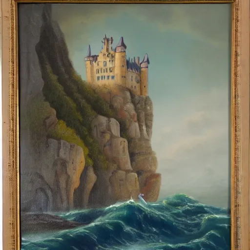 Prompt: john avon painting of a castle on a cliff near the stormy sea