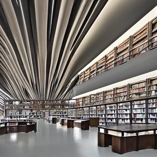 Prompt: the interior of a library designed by zaha hadid