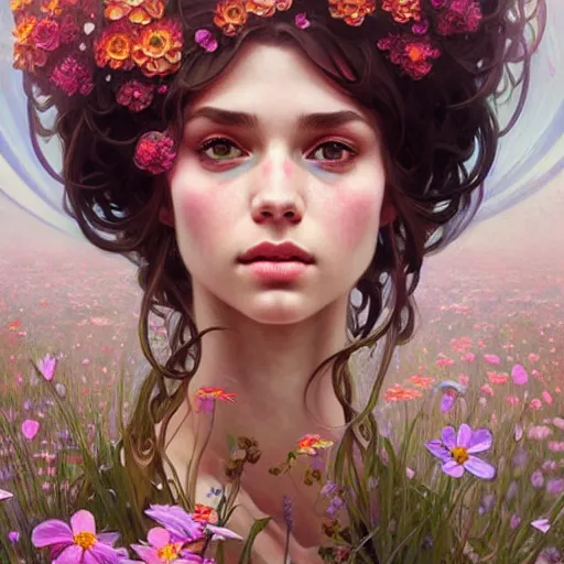 Image similar to Portrait of a girl surrounded by flowers, face, fantasy, intricate, elegant, highly detailed, digital painting, artstation, concept art, smooth, sharp focus, illustration, art by Fernanda Suarez and Artem Demura and alphonse mucha