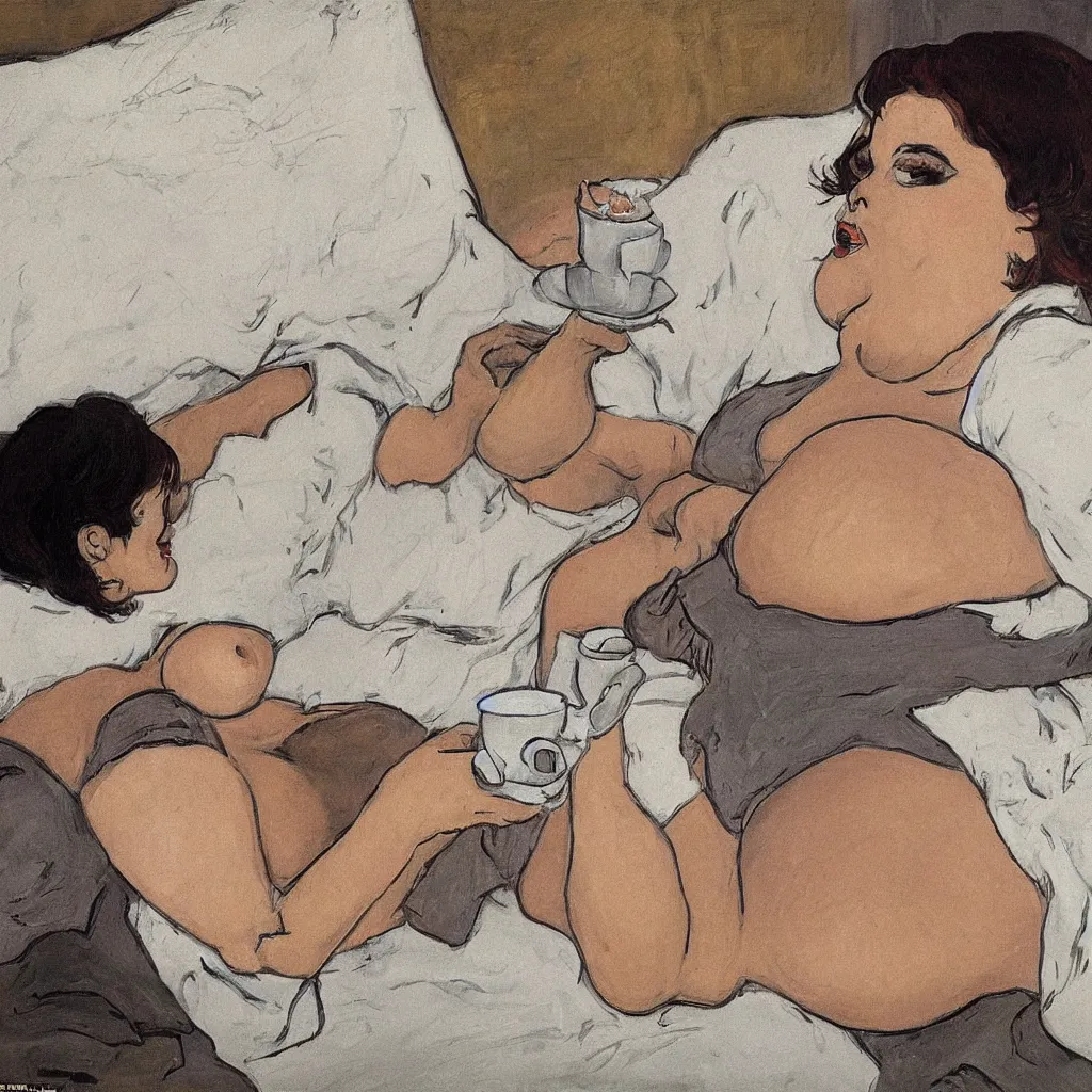 Image similar to a beautiful fat woman drinking coffee in a bed with white sheets drinking coffee in the style of telous lautrec