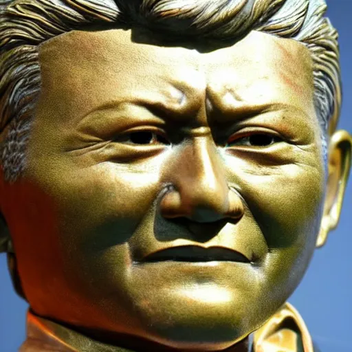 Image similar to close up shot of an old bronze patina statue of takeshi kitano in a museum