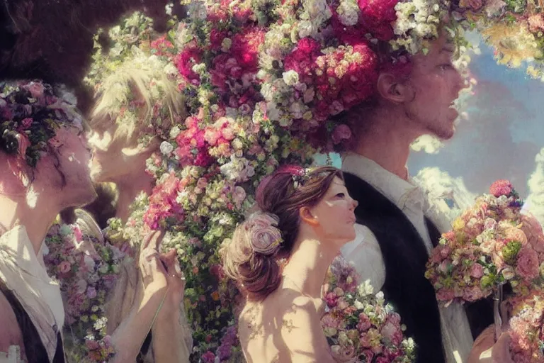 Image similar to the groom look at the bride at a wedding full of flowers, bright and happy, dreamlike art, highly detail, 4 k realistic, wedding photoy krenz cushart, artem demura, yoji shinkawa artgerm, jon lothian, danilo torres. adi meyers. thomas reimann. gaston bussiere.