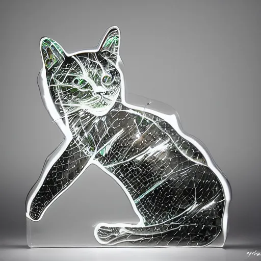 Prompt: a glass artwork in the shape of a cat,advertising photo, studio lighting