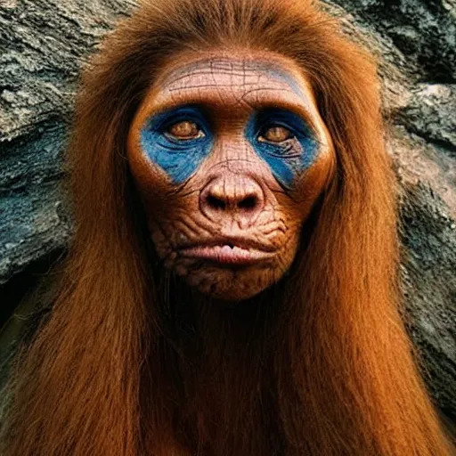 Image similar to “ full body photo of a very primitive pre-human woman Neanderthal looking deeply to the camera, blue eyes, anthropology photography, color kodakcrhome 64,National Geographic ”