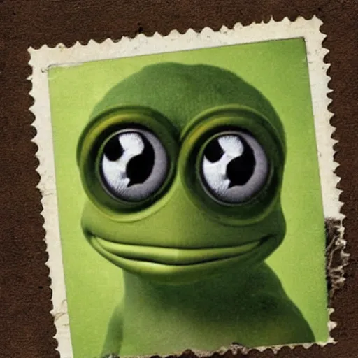 Prompt: pepe the frog, realistic old photograph