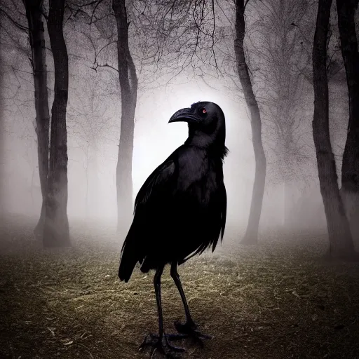 Image similar to crowman, mixture of a crow and human, werecrow, photograph captured in a dark forest