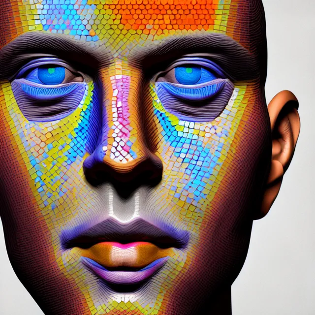 Prompt: a man's face with a multicolored mosaic pattern on it, an ultrafine detailed painting, trending on zbrush central, generative art, low poly, zbrush, behance hd, ethereal, liminal