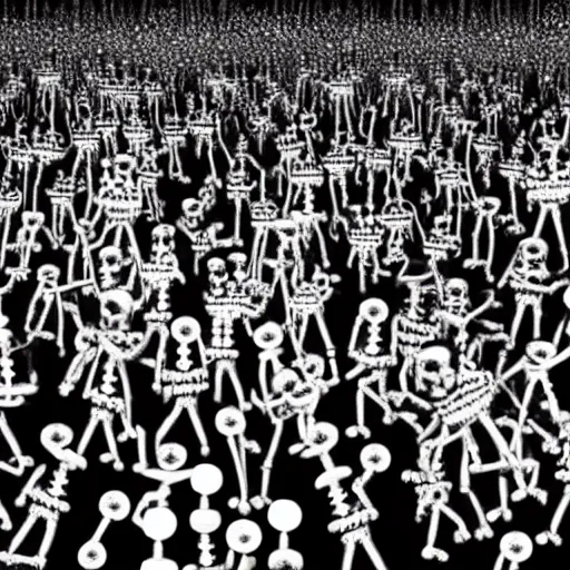 Image similar to photo, a giant crowd of silvery shiny reflective black latex claymation skeletons dancing inside an underground ussr night club