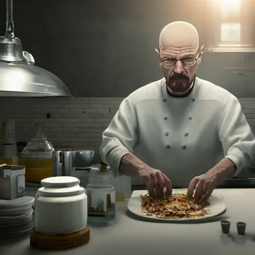 Image similar to walter white making a burrito, concept art by senior character artist, cgsociety, photorealism, reimagined by industrial light and magic, rendered in unreal engine, official art