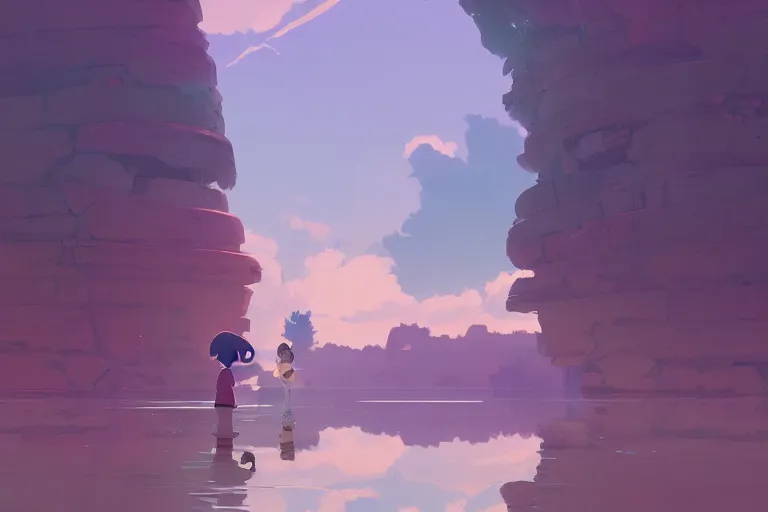 Prompt: two lakes near ancient sandstone ruins, cory loftis, james gilleard, atey ghailan, makoto shinkai, goro fujita, studio ghibli, rim light, exquisite lighting, clear focus, very coherent, plain background, soft painting