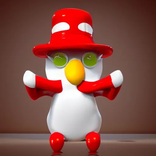 Image similar to 3 d model of a red penguin with horns wearing a belt, blender render, fully in frame