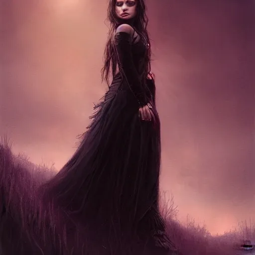 Image similar to portrait of a young mila kunis in a gothic dress, eerie colors, dramatic light, gorgeous view, depth, high detail, digital art, painted by greg rutkowski and seb mckinnon, by tim burton, trending on artstation