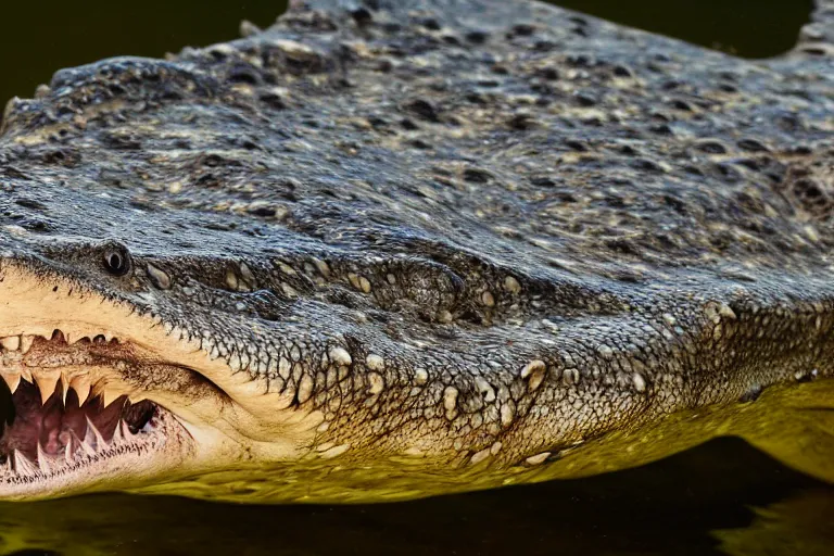 Image similar to a crocodile shark!!! hybrid! hyper realistic!! realistic lighting!! wildlife photographer of the year!!! bold natural colors, national geographic, hd, wide angle, 8 k