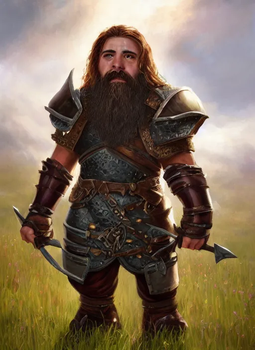 Image similar to A fantasy portrait painting of a male dwarf wearing leather armor on a beautiful meadow, DAZ, hyperrealistic, ambient light, dynamic light, trending on artstation, d&d, RPG portrait