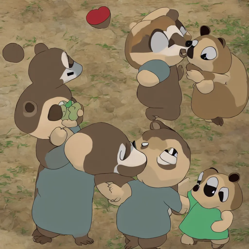 Image similar to Tom Nook kissing his girlfriend Tam Nook