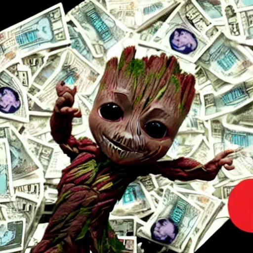 Prompt: baby groot makes it rain at the swanky night club, signing autographs, taking selfies, a pile of cash in the background. hyperrealistic, ultradetailed, sharp focus, imax 7 0 mm. mandalorian ( tv show ), rougue one ( film ), buzz lightyear ( film ), space odyssey 2 0 0 1 ( film ).