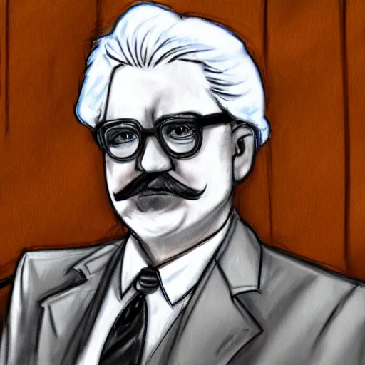 Image similar to courtroom sketch of colonel sanders, 4 k, hyper realistic, dslr, high resolution, landscape, beautiful