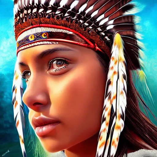 Prompt: portrait of native american girl with head dress in the style of artgerm, digital art, close-up, insanly detailed