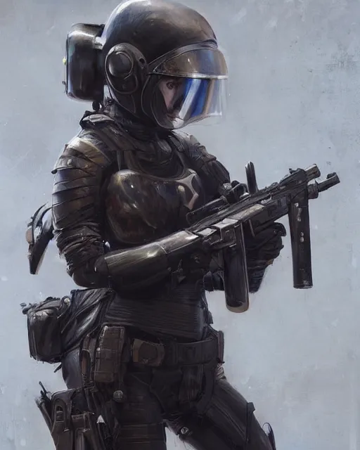 Prompt: Hyper realistic painting of a girl in riot gear, hyper detailed, anime, by greg rutkowski, trending on artstation