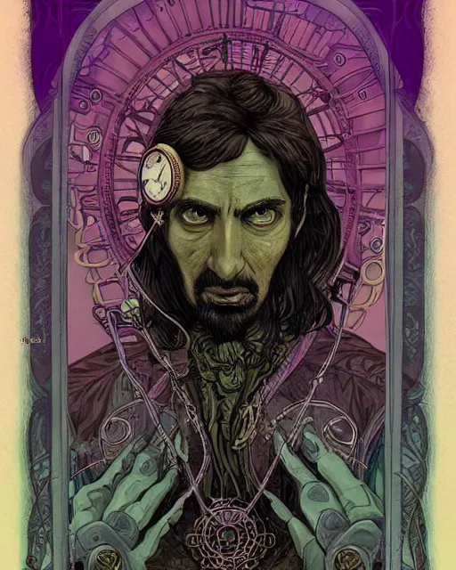 Image similar to a detailed portrait illustration of a steampunk wizard. stern indian male face, dark skin, piercing green eyes. art nouveau, pop art, comic book style. influenced by neil gaiman, h. p. lovecraft, dan mumford, brian froud, vadim voitekhovitch, killian eng, ross tran, cedric peyravernay.