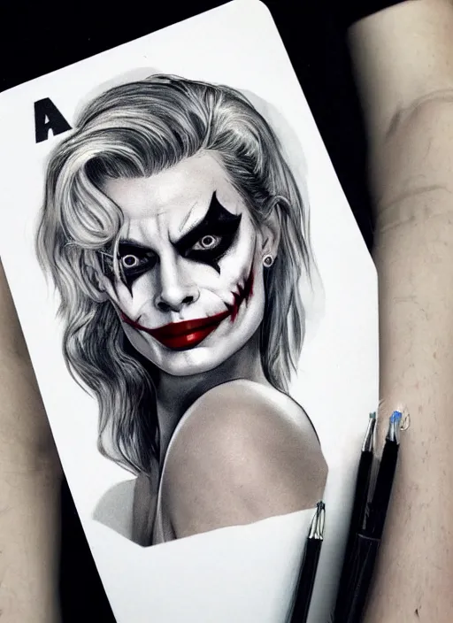 Prompt: tattoo design of beautiful margot robbie with joker makeup, holding an ace card, slight smile, in the style of den yakovlev, realistic face, black and white, realism tattoo, hyper realistic, highly detailed
