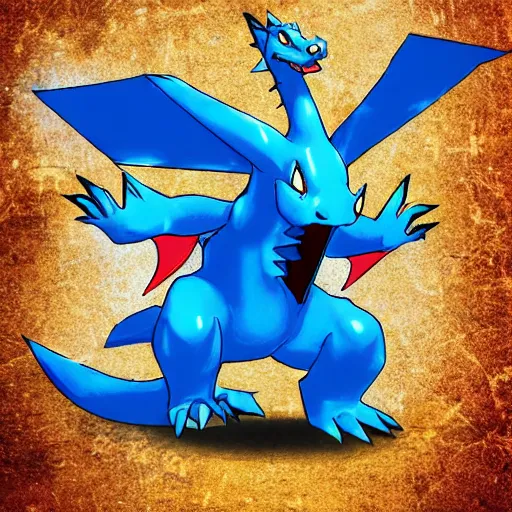 Image similar to a blue Charizard with water powers,realistic illustration