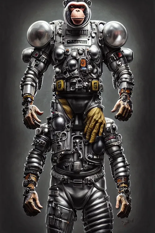 Image similar to a portrait of a muscular anthropomorphic cyberpunk chimp in spacesuit armor with ensignia on chest plate by sandra chevrier, by jon foster, detailed render, post - processing, extremely hyperdetailed, intricate, epic composition, cybernetics, 4 k realistic, cryengine, realistic shaded lighting, sharp focus, masterpiece, by enki bilal