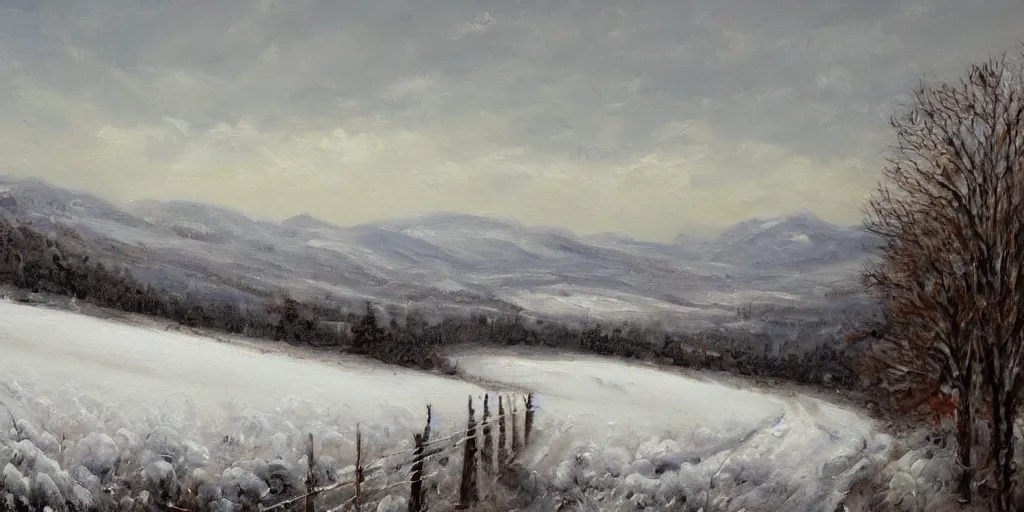Prompt: a beautiful landscape painting of a sprawling vista with vineyards, heavy snow fall, by zohar flax, oil on canvas, highly detailed, hd, 4 k