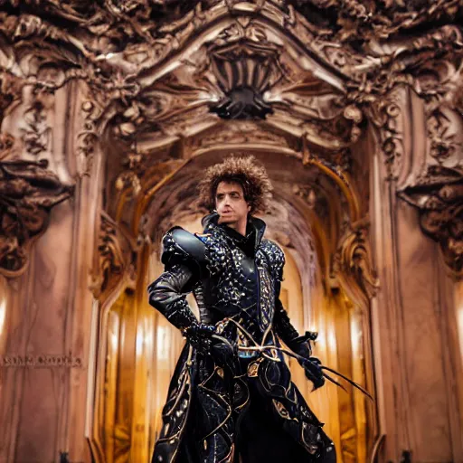 Image similar to Austin Butler dressed in futuristic-baroque duelist-garb and battle armor, standing in an arena, XF IQ4, f/1.4, ISO 200, 1/160s, 8K, RAW, unedited, symmetrical balance, in-frame