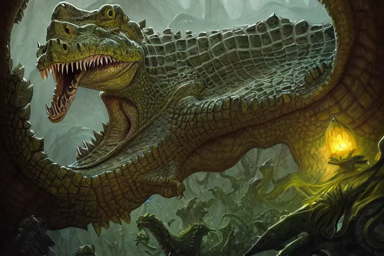 Image similar to crocodile lair, deep focus, d & d, fantasy, intricate, elegant, highly detailed, digital painting, artstation, concept art, matte, sharp focus, illustration, hearthstone, art by artgerm and donato giancola and james gurney