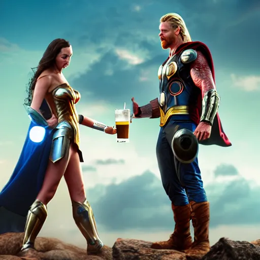 Image similar to cinematic film image of Thor and wonder woman having a beer, MCU, DCU, photo realistic, ultra detailed, trending on artstation, concept art, unreal engine render, 16k