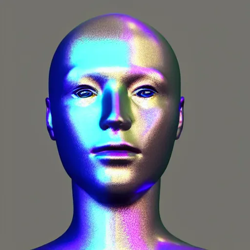 Image similar to 3d render of holographic human robotic head made of glossy iridescent, surrealistic 3d illustration of a human face non-binary, non binary model, 3d model human, cryengine, made of holographic texture, holographic material, holographic rainbow, concept of cyborg and artificial intelligence