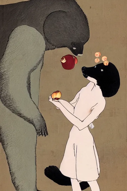 Image similar to portrait of a girl giving a peach to a large anthropomorphic asian black bear, in the style of foujita tsuguharu