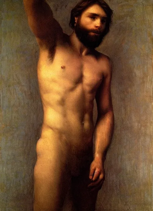 Prompt: Pre-Raphaelite young beautiful muscular brown-haired bearded muscular male, neon-light