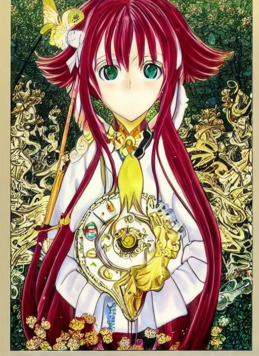 Image similar to intricately beautiful designed clow cards, Madoka Magica, high detail, painting, by CLAMP, in the style of Akiyuki Shinbo