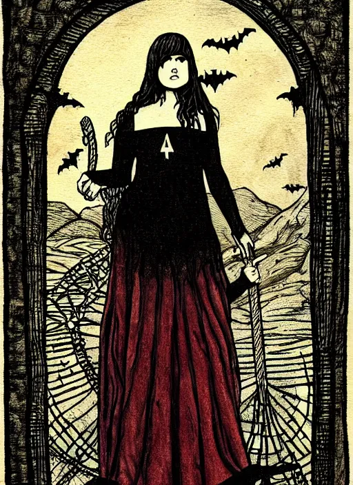 Prompt: a dark tarot card featuring border illustrations, text and a pale young woman, chubby, with long wavy red hair and trendy glasses! standing in a room, dramatic, incredibly detailed art, medieval, halloween