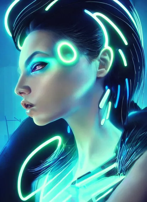 Prompt: a hispanic female humanoid, cyber neon lighting, futurism, cyberpunk high fashion, glamor profile pose, hyper photorealistic, beautiful futuristic jewelry, crispy quality, digital photography, trending in artstation, trending in pinterest, cinematic, 4 k ultra hd, art by pascal blanche, art by artgerm, art by greg rutkowski,