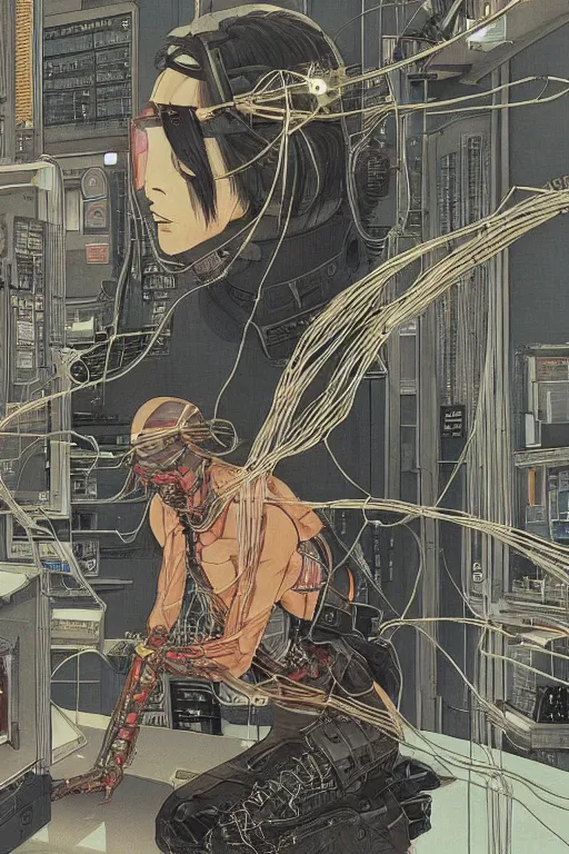 Image similar to beautiful hyperdetailed cyberpunk anime illustration of a male samurai lying in the lab with wires and cables coming out of his head and back, by moebius, masamune shirow and katsuhiro otomo