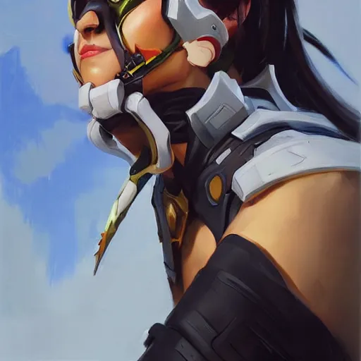 Image similar to greg manchess portrait painting of elaina as overwatch character, medium shot, asymmetrical, profile picture, organic painting, sunny day, matte painting, bold shapes, hard edges, street art, trending on artstation, by huang guangjian and gil elvgren and sachin teng