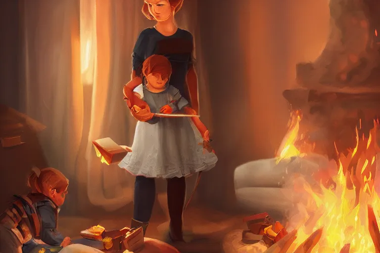 Image similar to a housewife hurries up to pack daughter's things, surrounded with fire, digital art, trending on artstation