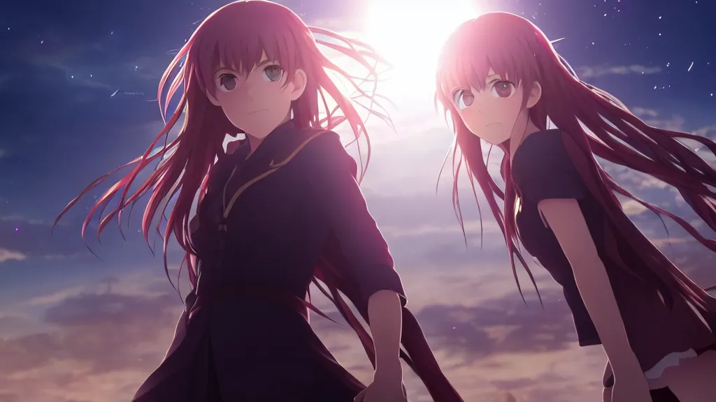 Image similar to emma watson, heavens feel movie, demon slayer, ufotable, kyoani, high quality, artstation, key visual, cinematic, city background, night time, rooftop, fate stay night, unlimited blade works, greg rutkowski, high resolution, dynamic pose, extreme close up, rin outfit, anime, high angle, high budget