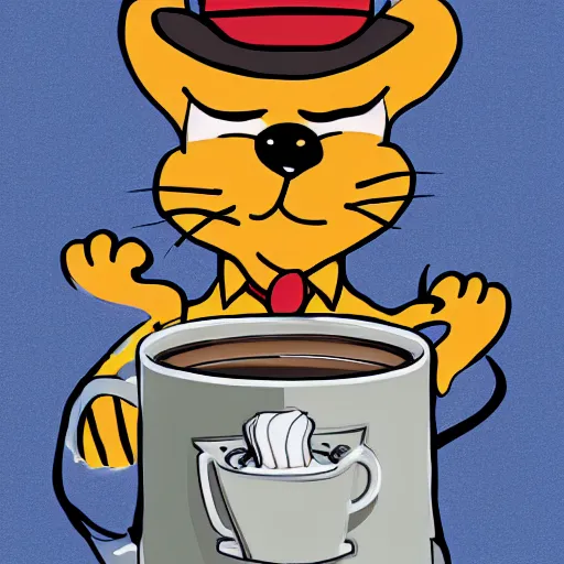 Prompt: garfield dressed as a policeman drinking a cup of coffee in a small town, digital art