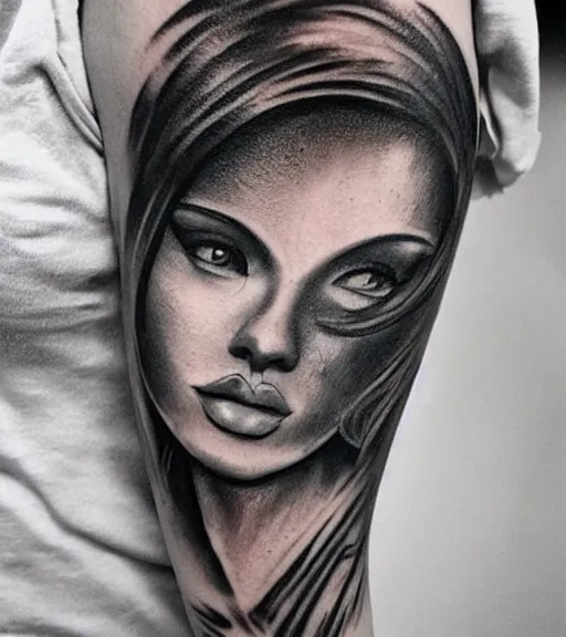 Image similar to tattoo design sketch of a beautiful girl with a faded mountain background, in the style of den yakovlev, black and white, realism tattoo, hyper realistic, highly detailed