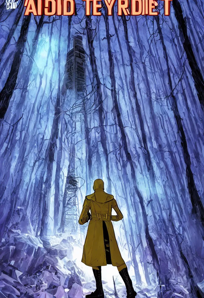 Image similar to A modern comic book cover of an android soldier wearing a trench coat and high tech glowing boots, with back to the camera, in a forest made of crystal, looking up at a crystal temple with a tower glowing in the fog