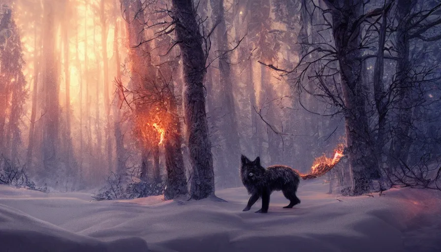 Prompt: silver fox with burning eyes walking on snow, forest, hyperdetailed, artstation, cgsociety, 8 k