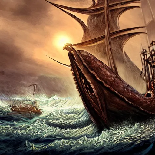 Image similar to kraken attack epic viking ship, centered in picture, epic fantasy, detailed, intricate, digital painting, concept art, realistic, smooth, focus, rim light